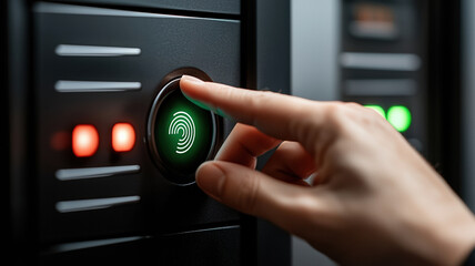 hand pressing digital fingerprint scanner on secure device