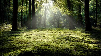 Fototapeta premium Tranquil open forest with golden sunlight nature scene mossy ground lush environment serene viewpoint natural beauty