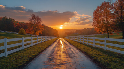 Peaceful Country Road at Sunrise, Autumn Colors