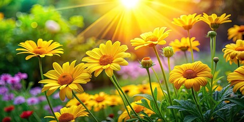 Obraz premium Vibrant Dahlberg Daisy Garden in Full Bloom - Bright Yellow Flowers and Lush Green Foliage with Copy Space for Text and Design Elements
