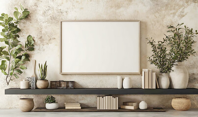 Obraz premium Modern poster mockup frame and presentation with greenery and rustic tones, perfect for eco-friendly designs, natural interiors, and stylish artwork display setups.