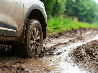 car wheel stuck in muddy terrain, struggling to gain traction