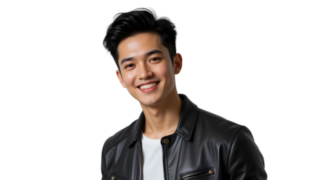 Smiling Asian man in black leather jacket. (1)