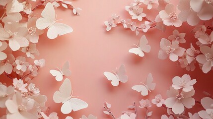 Pastel Dreams: Delicate white paper butterflies flutter amidst blush pink paper hydrangeas, creating a serene and whimsical springtime scene.
