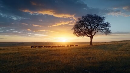 Fototapeta premium Golden savanna sunrise with lone acacia tree and grazing cattle nature landscape tranquil environment wide view