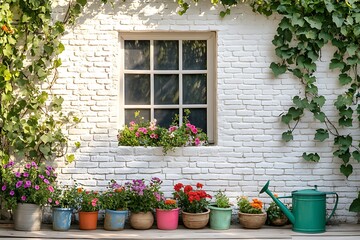 Charming White Brick Exterior Decorated with Climbing Plants and Flowers