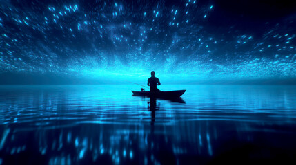 A solitary figure fishing under a starry, glowing night sky.