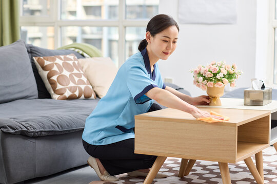 Female cleaner tidying up the apartment