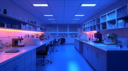 Modern, empty laboratory at night with blue and pink lighting.