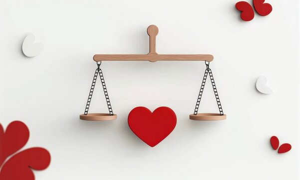law restriction policy concept. A balance scale with a heart symbolizes love and fairness, surrounded by decorative elements.