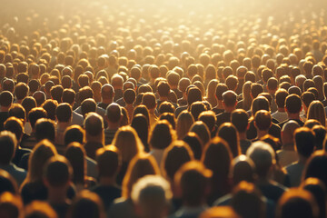 Obraz premium Large crowd of people at outdoor event under golden light