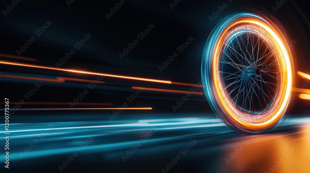 Poster dynamic motion capture of a spinning bicycle wheel with vibrant light trails and neon effects in a d