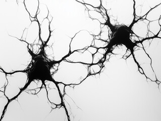 Obraz premium Intricate Black Radial Network of Hyphae on White Background: A Minimalist Composition Featuring Three Prominent Nodes of Organic Connectivity