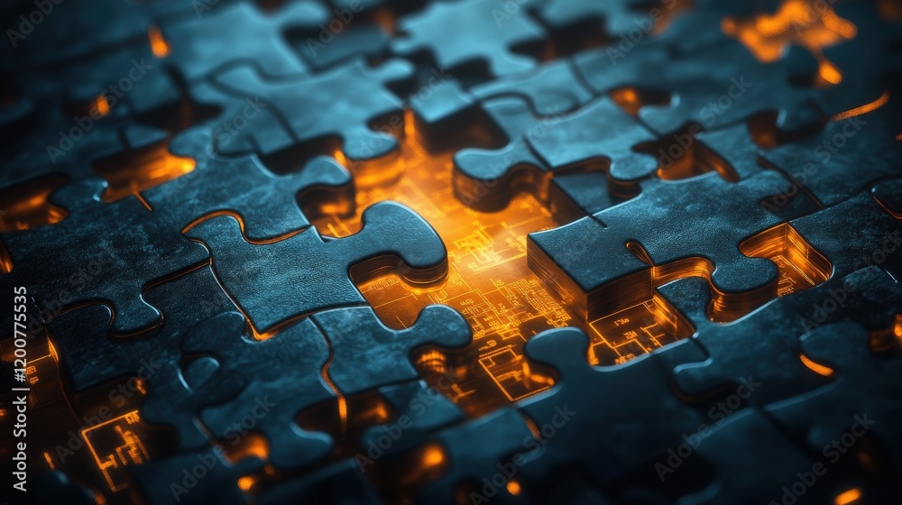 Poster Intricate Puzzle Pieces with Glowing Light, Symbolizing Problem Solving and Innovative Thinking with a Futuristic Touch in a Dark Environment