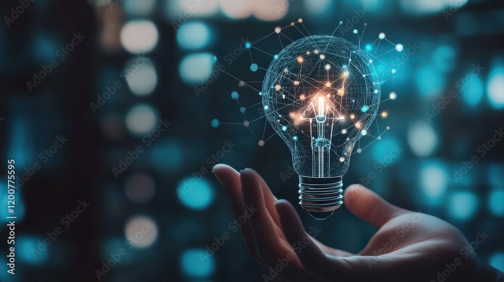 Poster digital light bulb in hand representing innovation, creativity, technology, and the power of ideas i