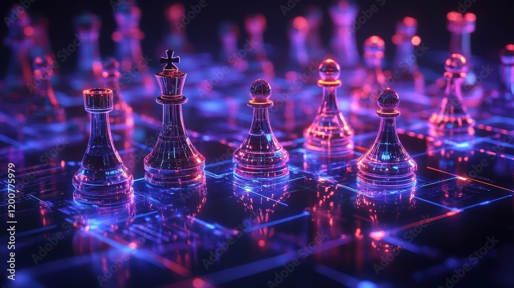 Poster Futuristic Chess Board with Illuminated Pieces in Vibrant Colors, Creating a Dynamic and Engaging Atmosphere for Strategy and Competition