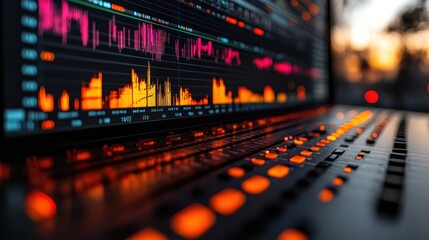 Sunset Audio Mixing Console:  Vibrant Hues Illuminate a Professional Audio Workstation