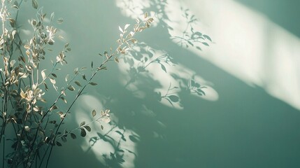 Shadows and Serenity: A minimalist composition featuring delicate plants, their forms and textures dramatically highlighted by the interplay of light and shadow. The soft.