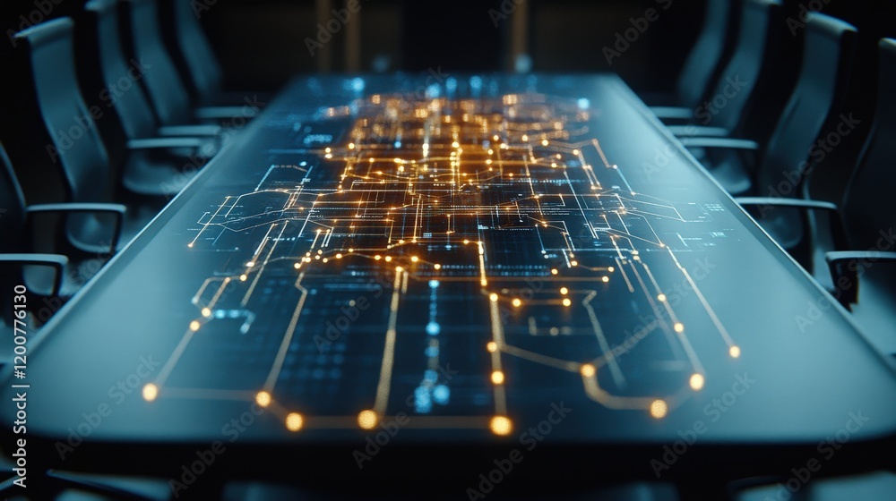 Poster futuristic conference room with digital circuit board design on table surface illuminated by warm li