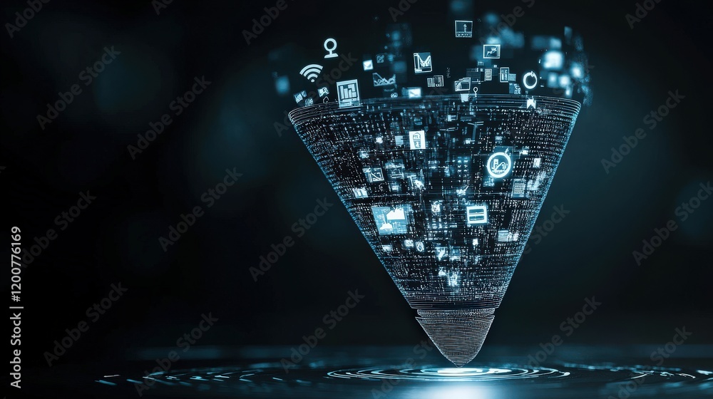 Aufkleber Abstract Digital Technology Cone with Floating Data Icons Representing Information Flow and Processing in a Futuristic Digital Environment