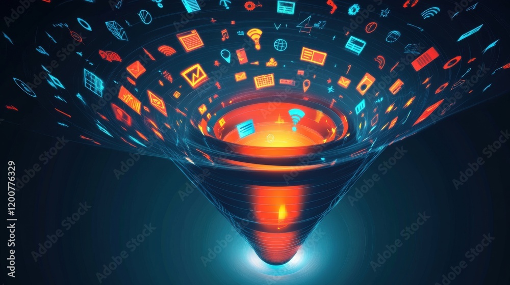 Poster Abstract representation of a digital vortex filled with colorful icons and symbols, illustrating the convergence of data and technology in a dynamic spiral design.
