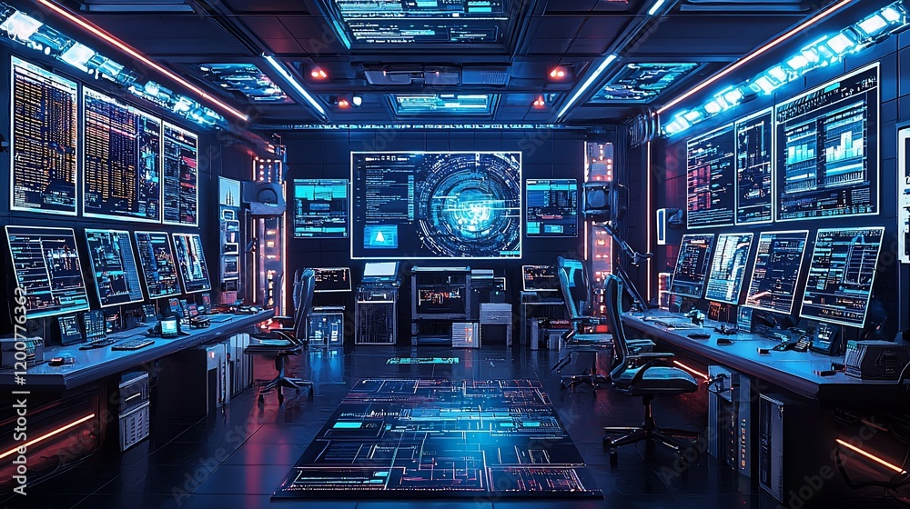Aufkleber Futuristic digital command center with multiple monitors displaying data and code.