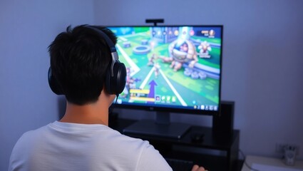 Obraz premium Young Man Plays Video Game Wearing Headphones