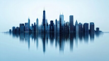 Fototapeta premium Urban skyline at dawn reflecting on calm waters showcasing tall buildings, modern architecture, and serene atmosphere of a vibrant cityscape in soft hues