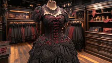 Obraz premium Elegant Black Lace Victorian Dress Boutique Display