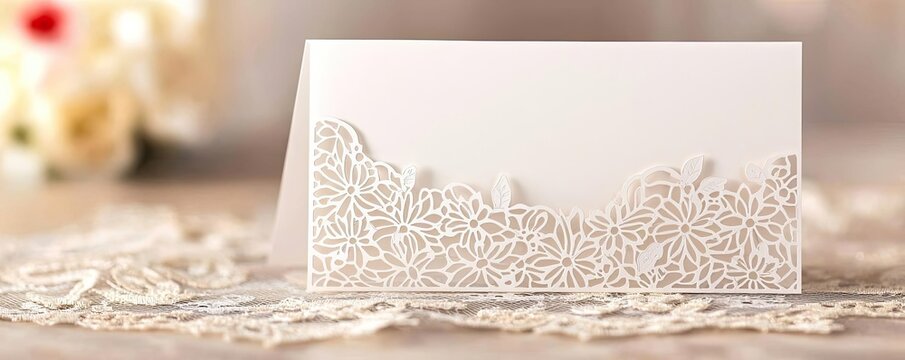 Wedding reception idea. Elegant lace card on a delicate surface, perfect for invitations and special occasions.