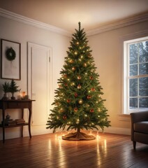 A spruce Christmas tree in a room filled with warm lighting, cozy home, indoor trees