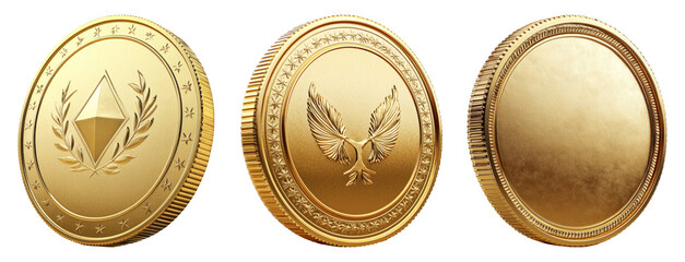 Gold Coin Collection with Unique Designs on Transparent Background