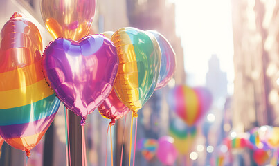 A collection of heart-shaped balloons in various colors floating in the air under soft sunlight, symbolizing celebration, joy, and colorful expressions of love