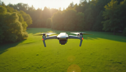 Drone hovering over lush green landscape in bright sunlight, technology