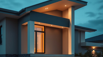 Modern House Exterior at Night: Luxury Home Design and Architecture.  Real Estate Photography showcasing contemporary residential building with illuminated facade and stylish features.