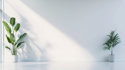 Serene Interior: minimalist interior features a white wall, bathed in natural light, accented by potted plants and clean lines, exuding a sense of tranquility.