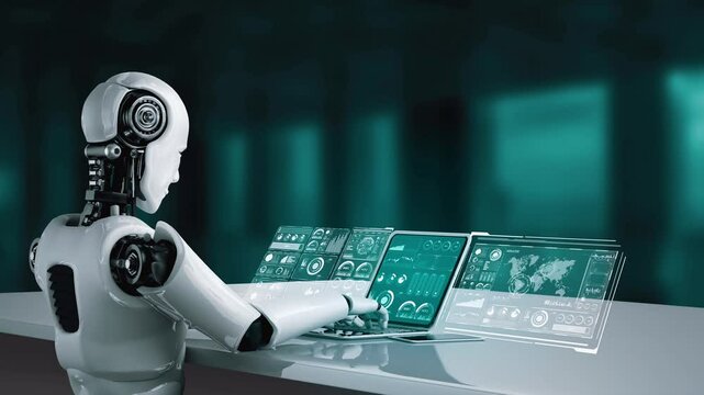 Robot hominoid use laptop and sit at table for big data analytic using AI thinking brain , artificial intelligence and machine learning process for the 4th fourth industrial revolution . 3D rendering.