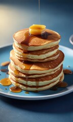 A tantalizing plate of three fluffy pancakes smothered in warm golden syrup against a soothing blue background, dessert, morning