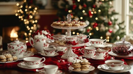 Fototapeta premium Festive Christmas tea party scene, cookies, fireplace