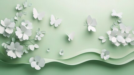 Fototapeta premium Paper Flowers and Butterflies: A delicate arrangement of white paper flowers and butterflies flutter around a gently flowing ribbon against a soft green backdrop.
