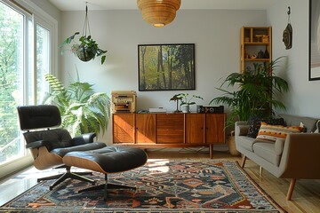 A mid-century modern living room with a teak wood sideboard, a retro patterned rug, an Eames lounge...