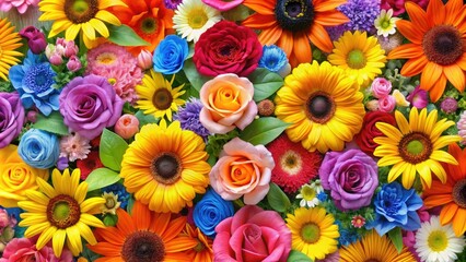 Naklejka premium A vibrant mix of colorful flowers including roses, sunflowers, daisies, and lilies arranged in a whimsical and playful floral pattern., floral pattern, colorful flowers, bouquet, roses, playful