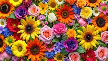 Naklejka premium A vibrant mix of colorful flowers including roses, sunflowers, daisies, and lilies arranged in a whimsical and playful floral pattern., playful, whimsical, daisies, sunflowers