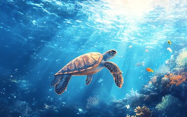 Obraz premium A serene World Oceans Day scene featuring a sea turtle swimming gracefully through a pristine, crystalclear blue ocean with vibrant coral and fish, peaceful ambiance