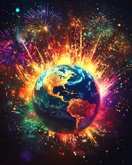 A stunning New Year celebration background featuring the Earth globe glowing with vibrant colors, surrounded by dazzling fireworks in the night sky, ultradetailed, high resolution
