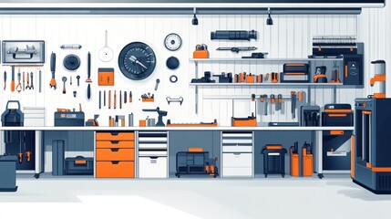 Organized workshop with tools and equipment on shelves and workbench.