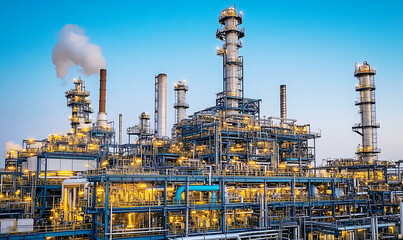 Fototapeta premium Industrial power plant at dusk with illuminated pipes and machinery, reflecting technological advancements in energy production and nocturnal industrial operations