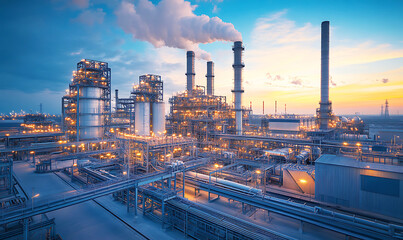 Obraz premium Night view of an industrial refinery with glowing lights and smokestacks, showcasing the technological complexity and nocturnal operations of energy production