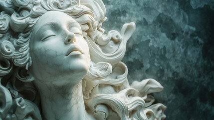 A marble sculpture of a Greek goddess with intricate details and soft lighting