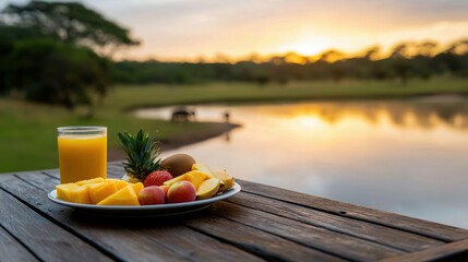 Fresh and Colorful Breakfast Scene by a Serene Water Body in South Africa at Sunrise